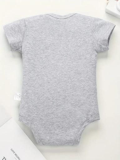 A cute short sleeve baby grey romper showcasing the text "little answered prayer", symbolizing joy and love for a newborn child.